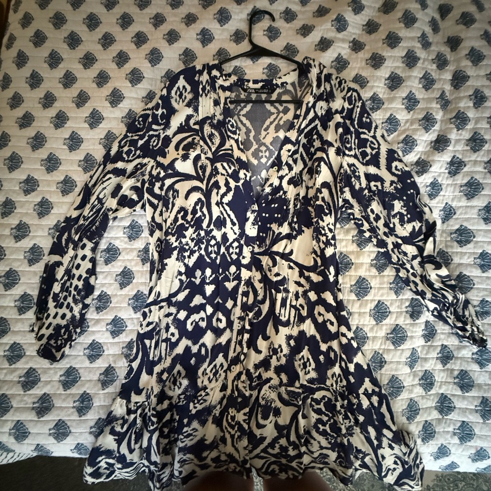 ZARA Blue and White Patterned Dress